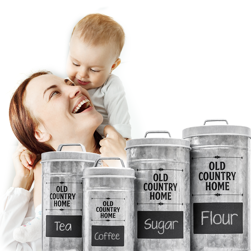 Mother holding a baby on top of her head featuring the galvanized nesting canisters